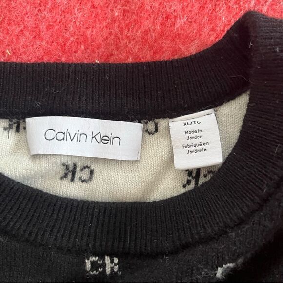 Calvin Klein Black Wool Blend CK Logo Pattern Crewneck Pullover Sweater - Picture 6 of 8